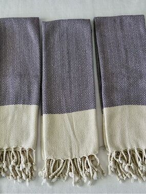 Boho Turkish Organic Cotton Hand Towels Cream / Purple Herringbone SET OF 3